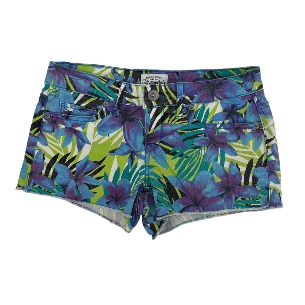Aeropostale Blue Tropical Floral Cut Off Jean Shorts Size 1/2 Women’s